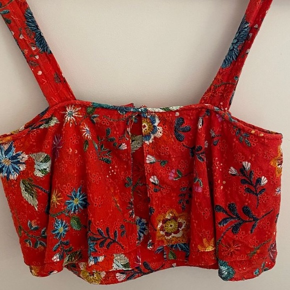 ZARA Red Floral Broderie Anglaise Cotton Layered Crop Top - Picture 4 of 11